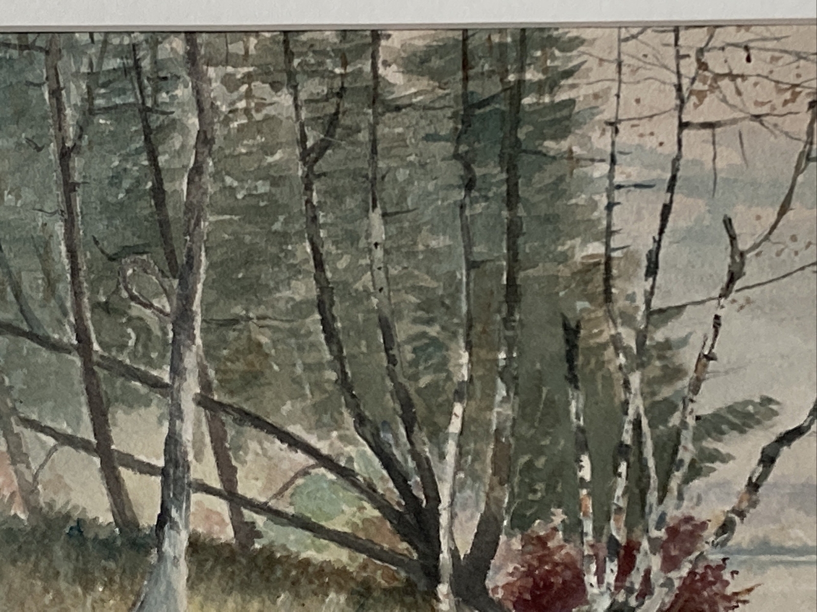 Antique 1903 Watercolor Painting Trail Along Lake & Sailboat By Herbert L Conner