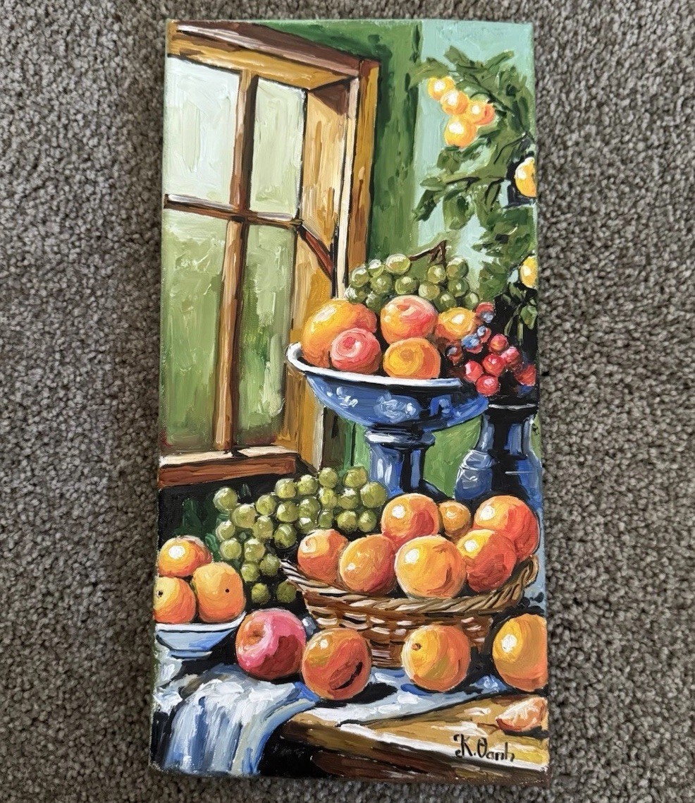 ORIGINAL OIL PAINTING VIBRANT STILL LIFE FRUITS ON DINING TABLE SIGNED 7×14
