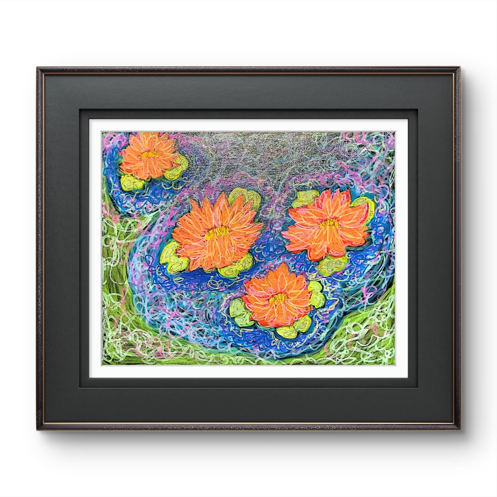 Colorful Water Lily Pond Painting Original Acrylic Floral Impressionist.