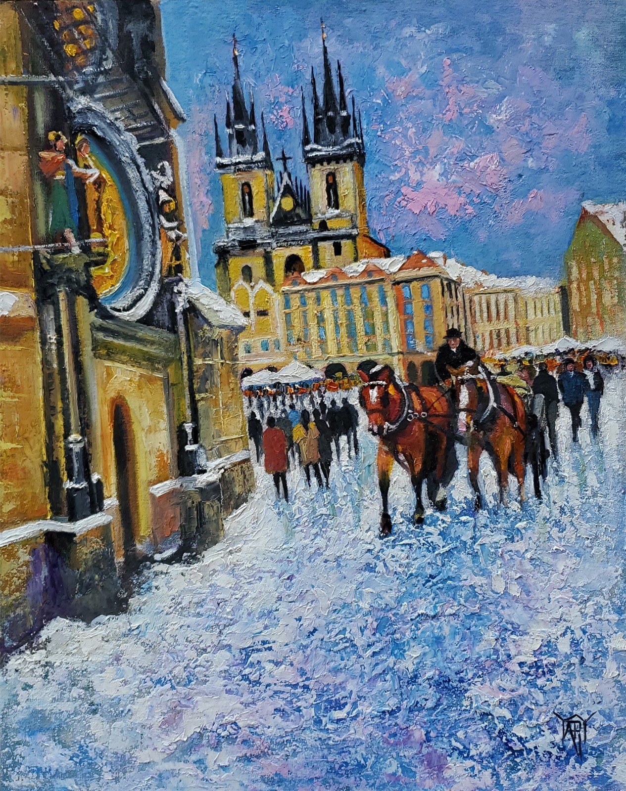 YARY DLUHOS Prague City Winter Snow Old Town Square Clock Original Oil Painting