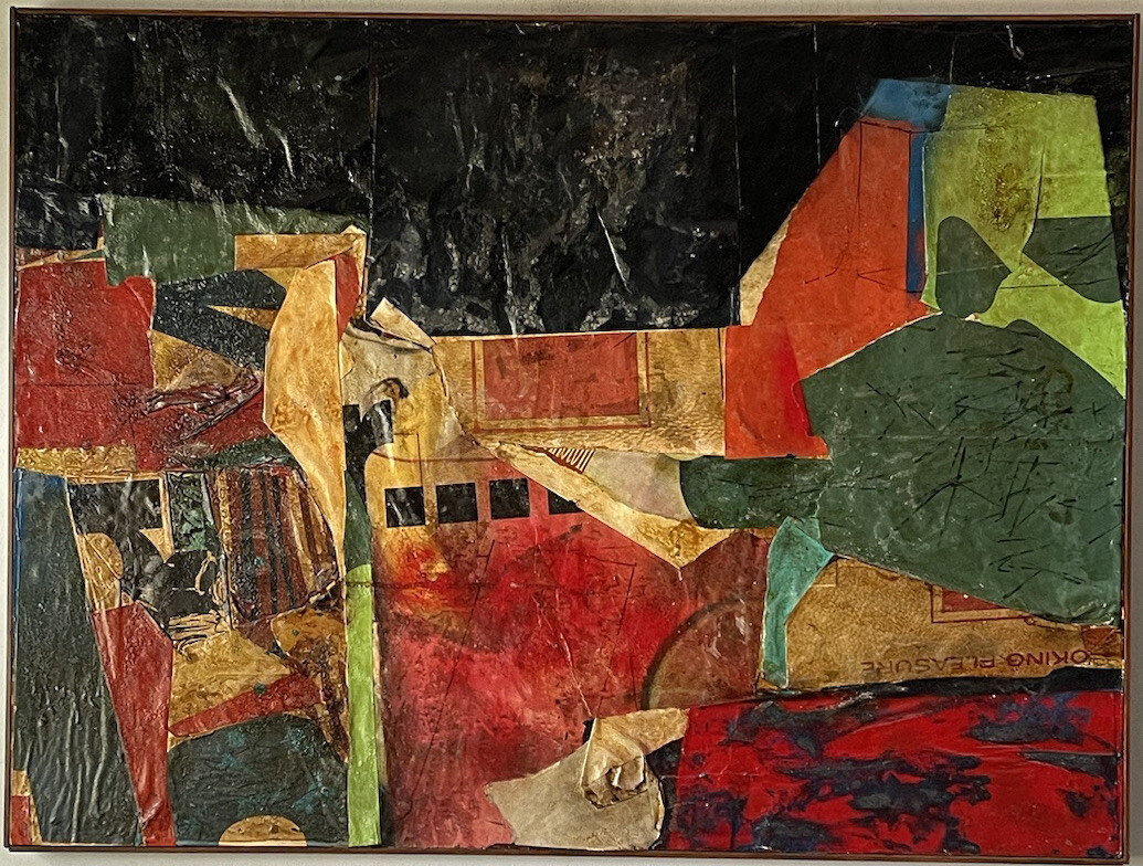 HARRY D BOURAS VINTAGE MODERN ABSTRACT MIXED MEDIA COLLAGE OIL PAINTING OLD 1972