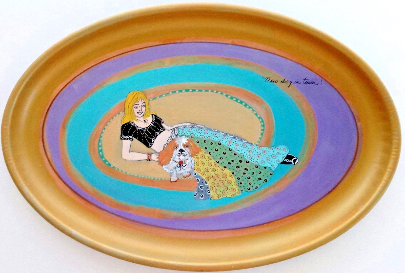 Art,Hand Painting on Vintage Metal Oval Tray,Woman/Dog,16×11 inches,NEW DOG IN T