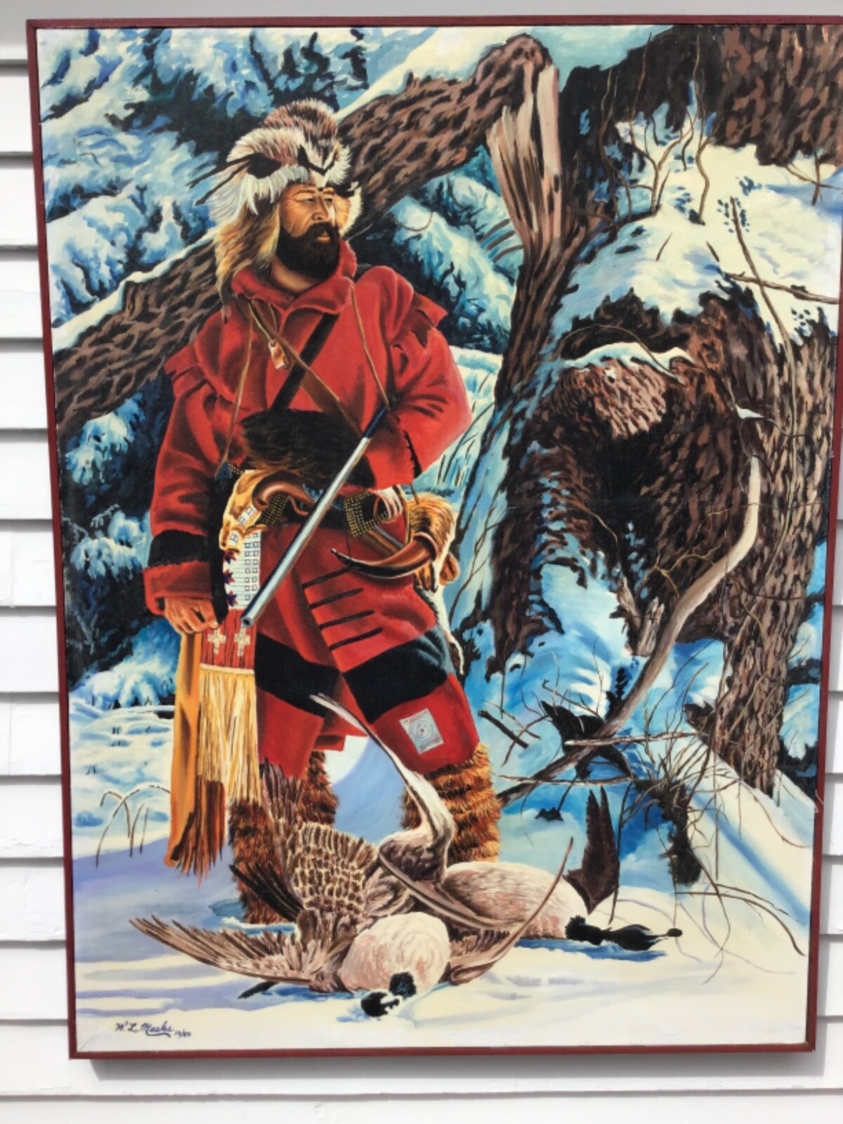 Large W.L. Meeks Hunter/Trapper Oil/Canvas 49″x 37″