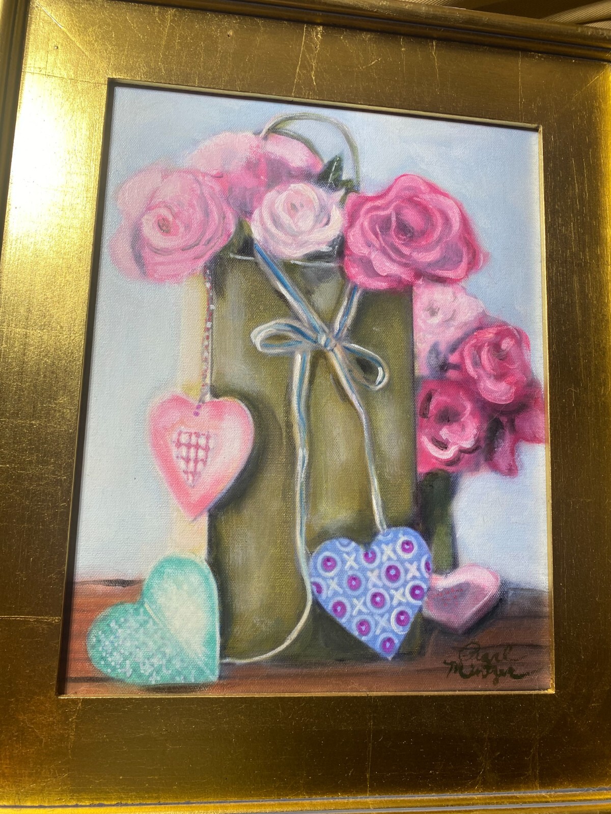 Pearl Mintzer «Hearts And Flowers Scene» Oil Painting – Signed And Framed