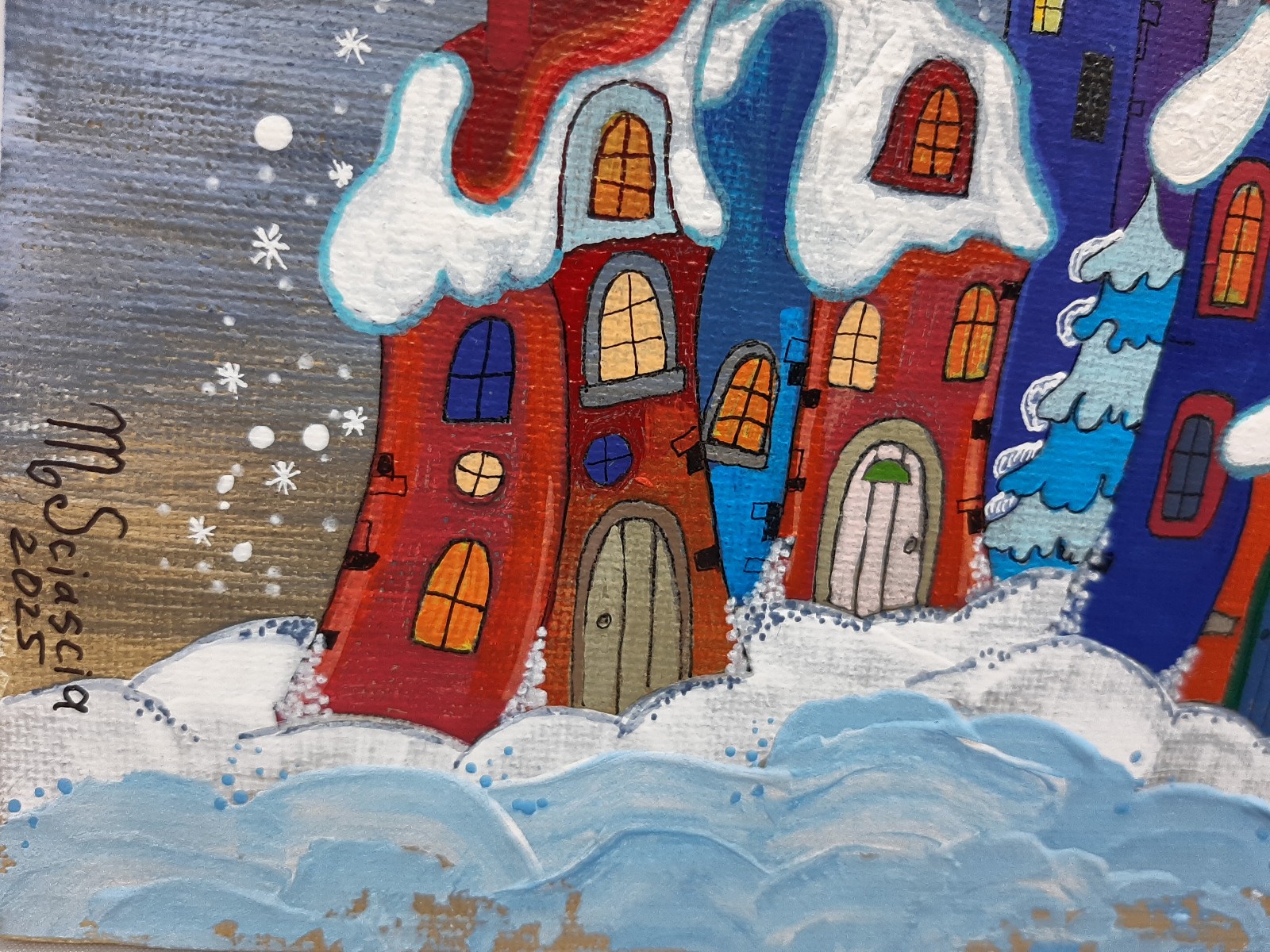 Winter Fairy – Whimsical Snowy Town with Smiling ,Moon | Original Acrylic Painti
