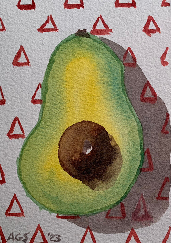 Original watercolor painting Sliced Avocado fruit 7.5 x 5.5 food kitchen artwork
