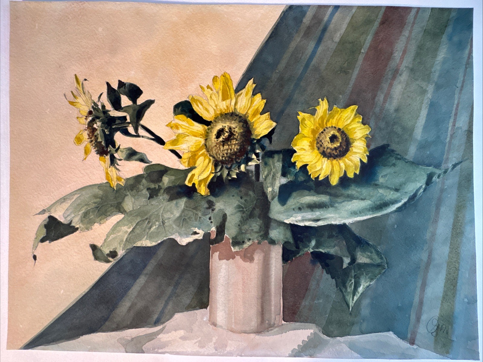 Vintage Watercolor Painting “Sunflowers In A Vase” Signed Illegible MCM