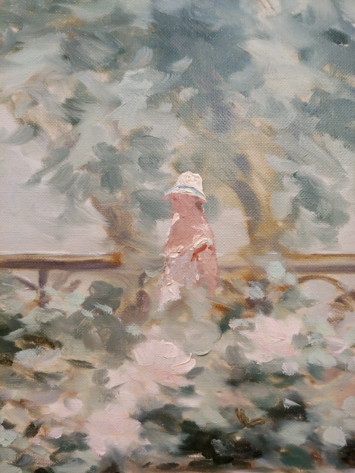 Andre Gisson -Young Woman near the Fountain at the Park-Oil painting