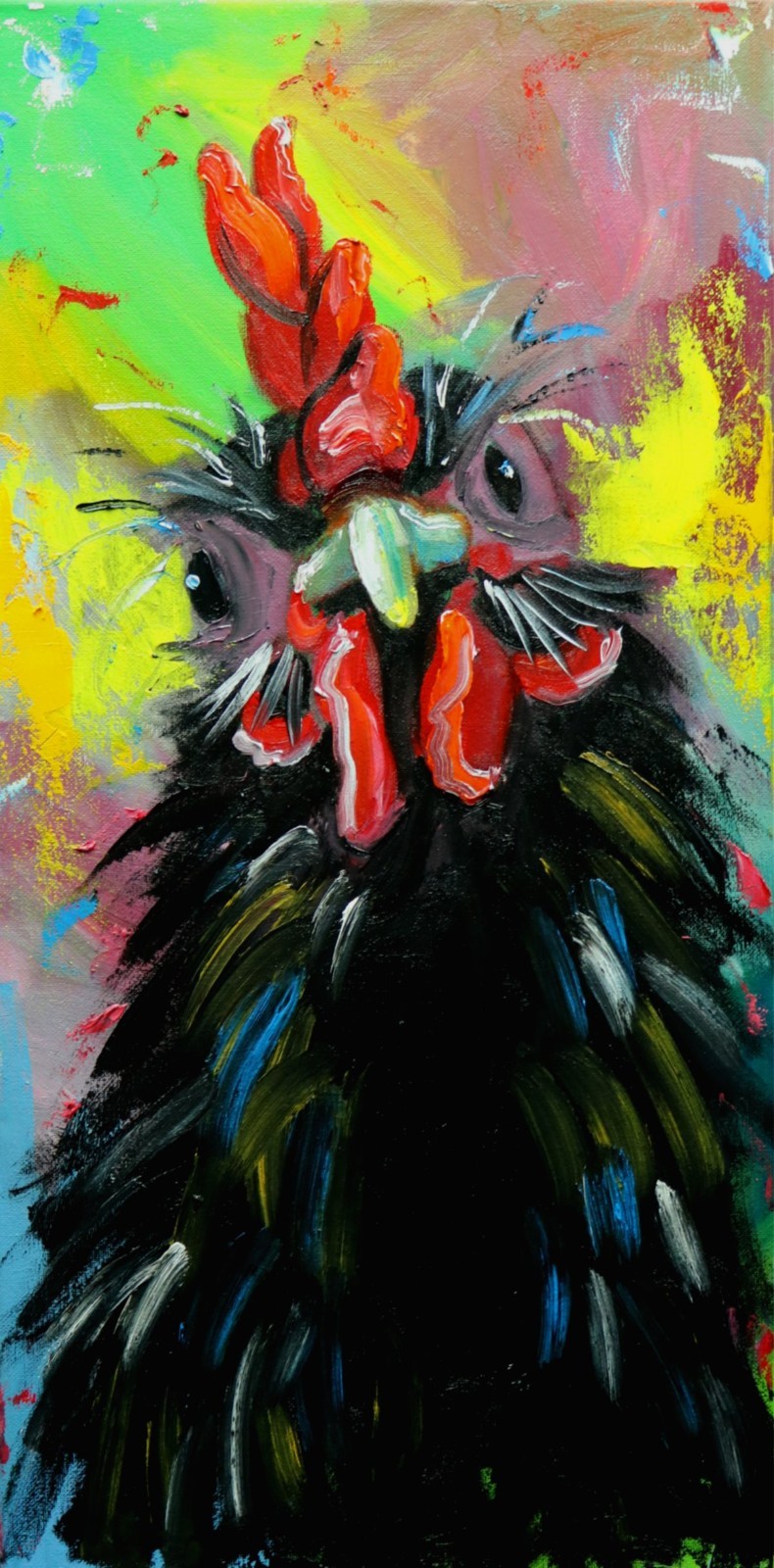 Rooster #1061 – 12×24″ original oil painting by Roz