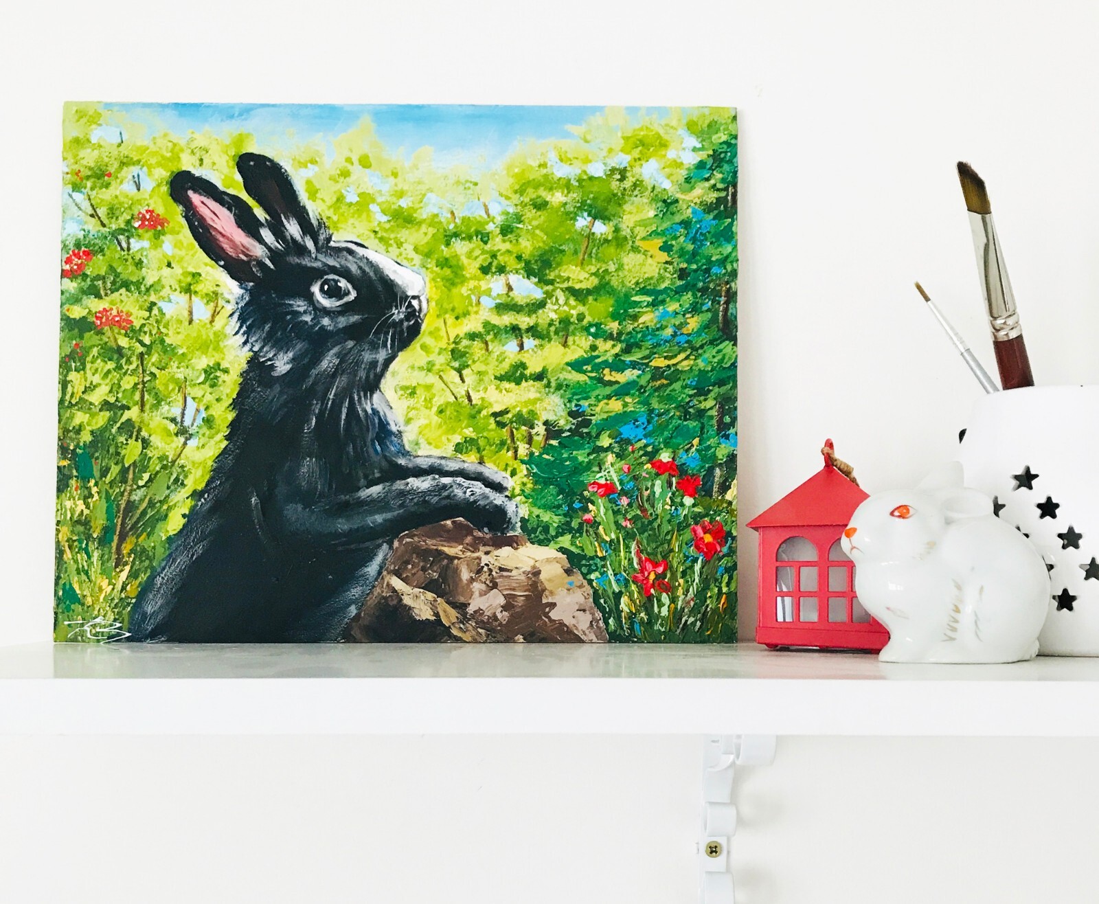 Original Art Rabbit Painting Easter Gift Black Bunny Lover Gift Figurine 9 x 12″