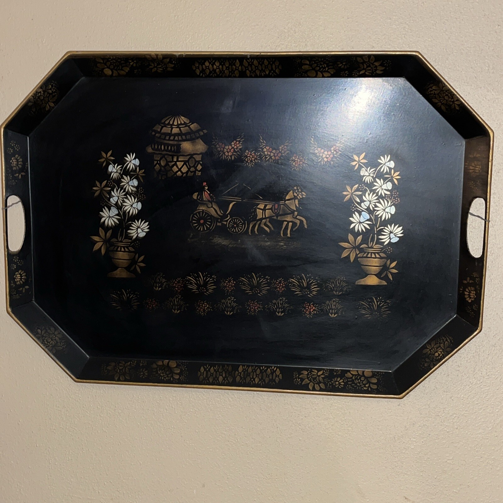Huge Antique Primitive Toleware Tole Tray Carriage Folk Painting Decoration