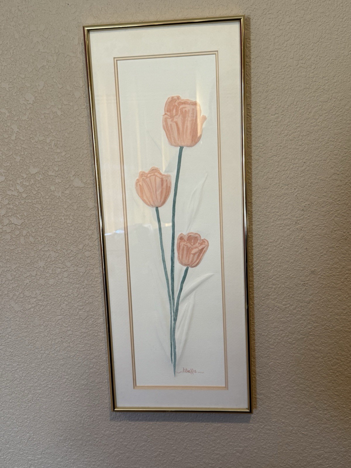 Framed Watercolor Art Tulips Glass Mat Green Pink Floral 24” X 9” Signed “Wells”