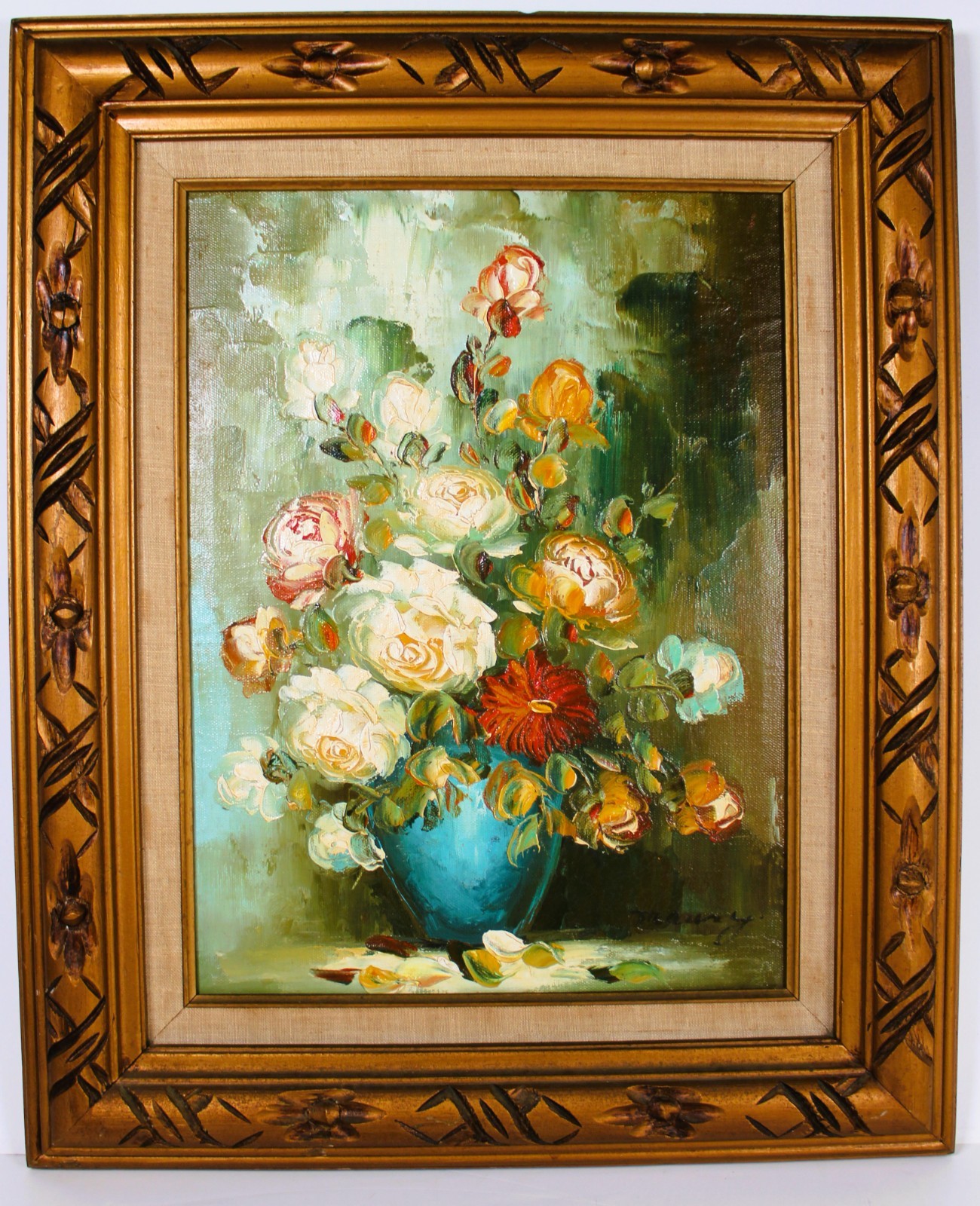 VINTAGE PALETTE OIL PAINTING ON CANVAS SIGNED GORGEOUS FLOWERS VASE STILL LIFE