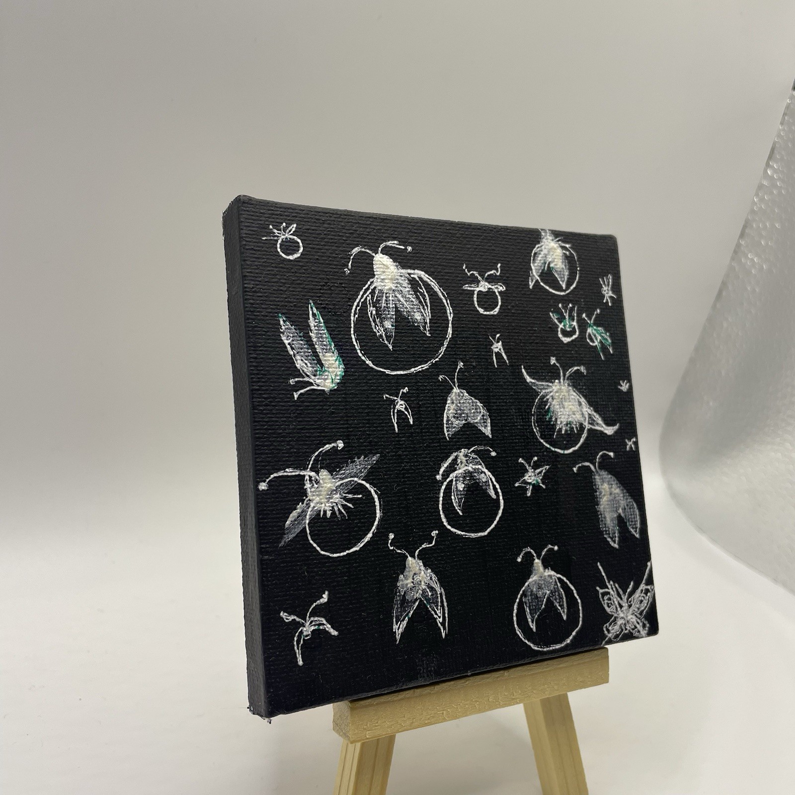 Miniature Insects Painting on Black Canvas, Small Unframed