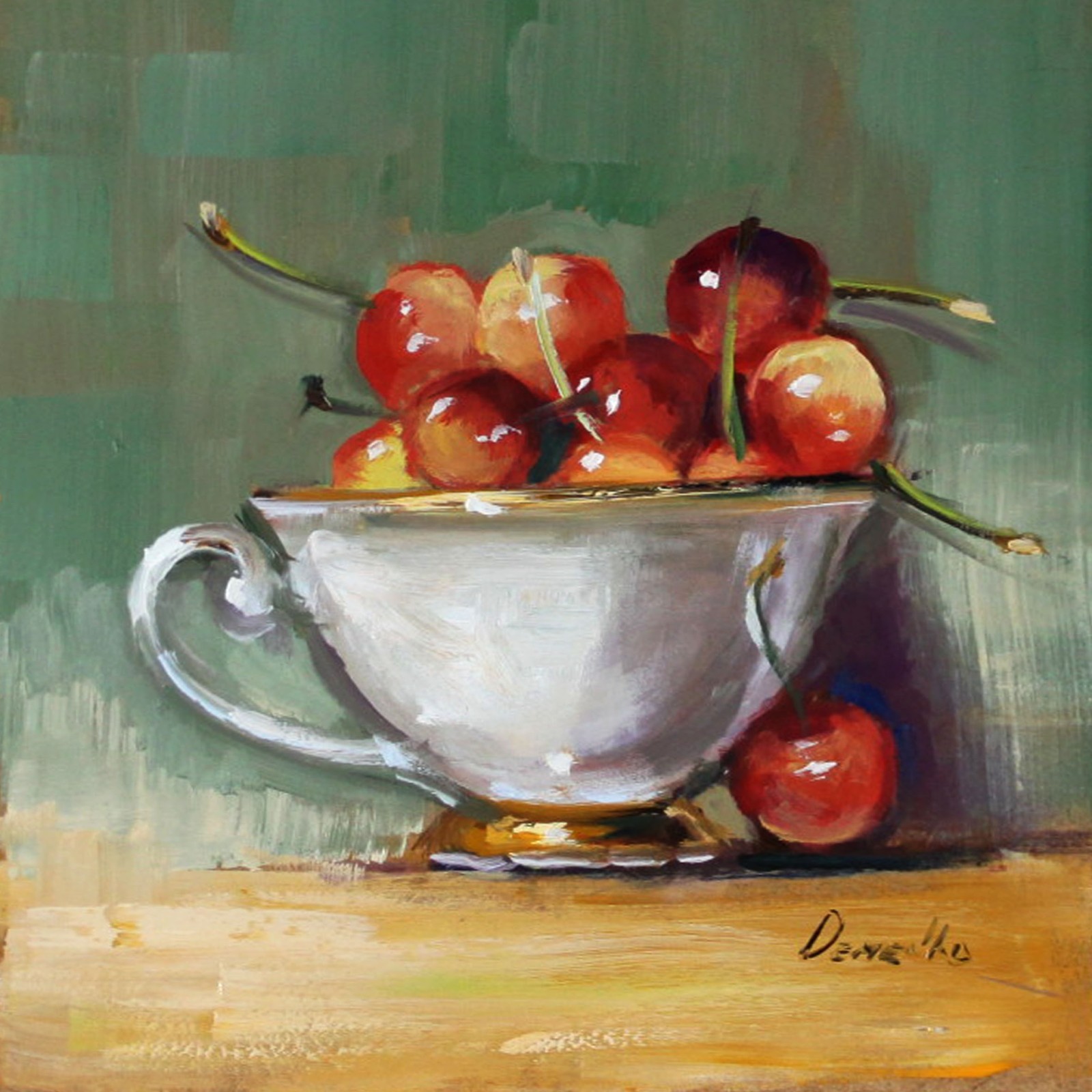 RED CHERRIES still life Oil painting UKRAINE 8X8