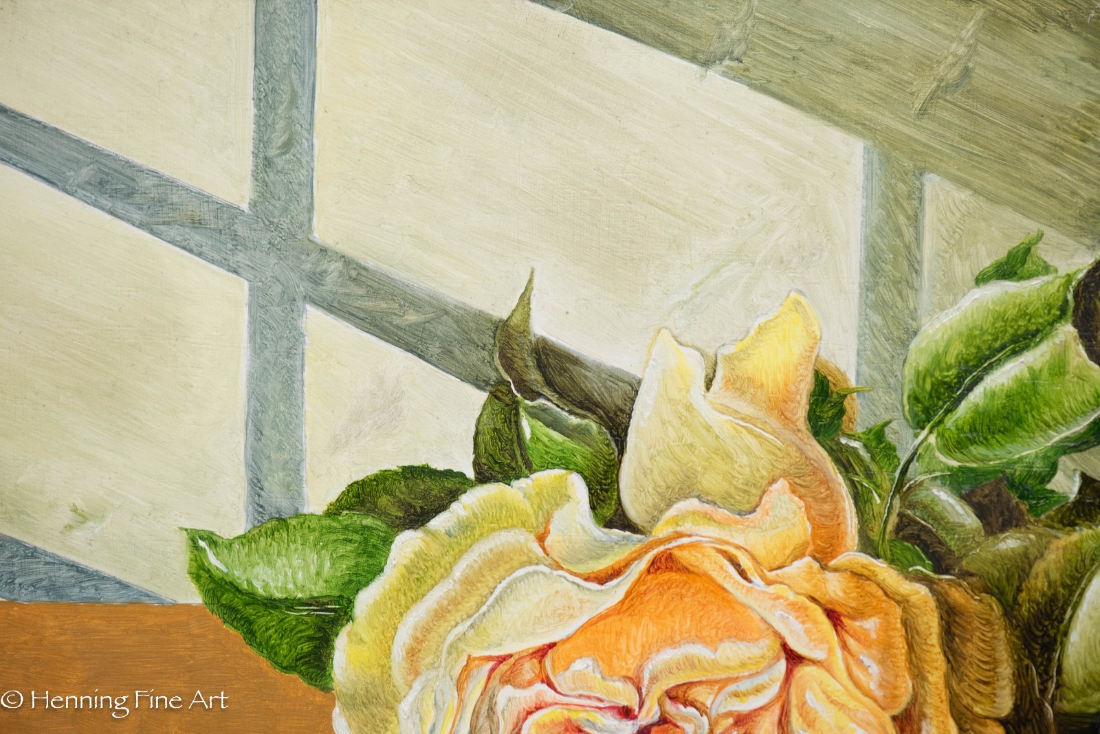 Stunning Oil Painting of Yellow Rose in Window Illegibly Signed, Fine! 16×18″