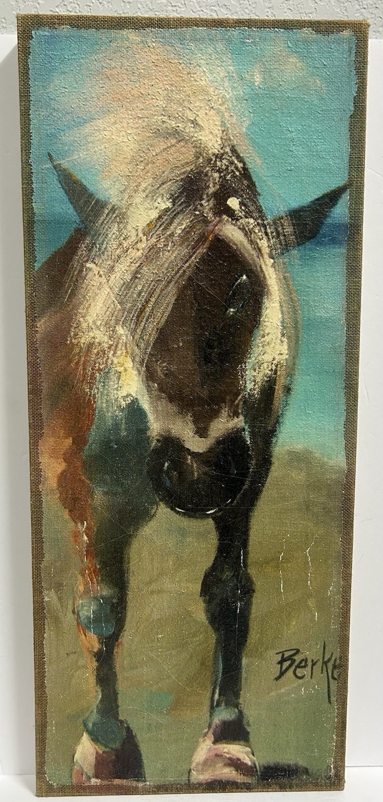 Original Wild Horse Oil Painting On Burlap Signed 12 x 29