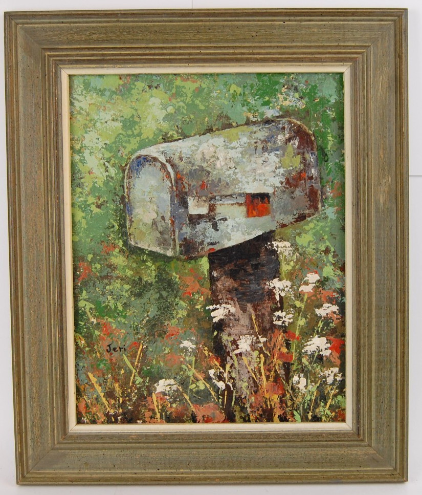 Vtg 80s Original Signed Jeri Oil Painting «Rustic Mailbox and Flowers» 11X14
