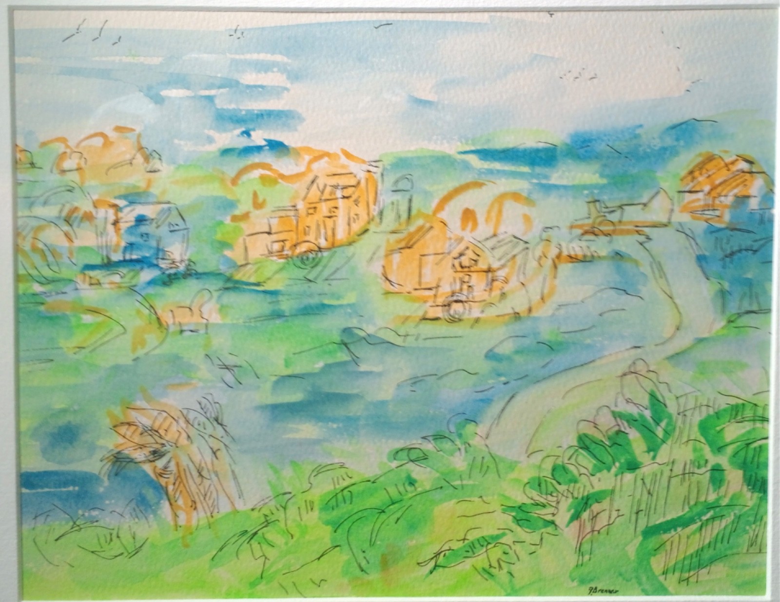 Water Color, Town Life,Signed,Landscape, F. Brenner