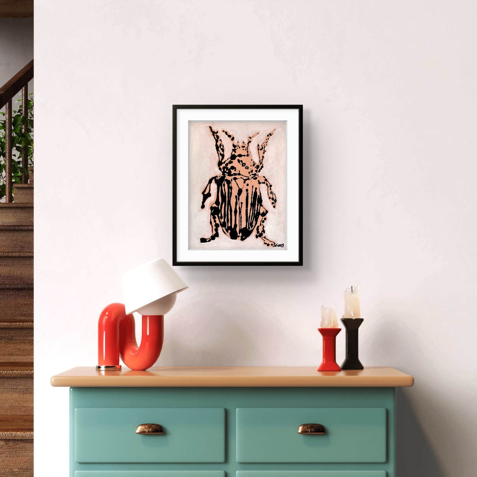 SLOOG Original Art Unique Expressionism Painting on Paper 9×12 Ink Blot Beetle