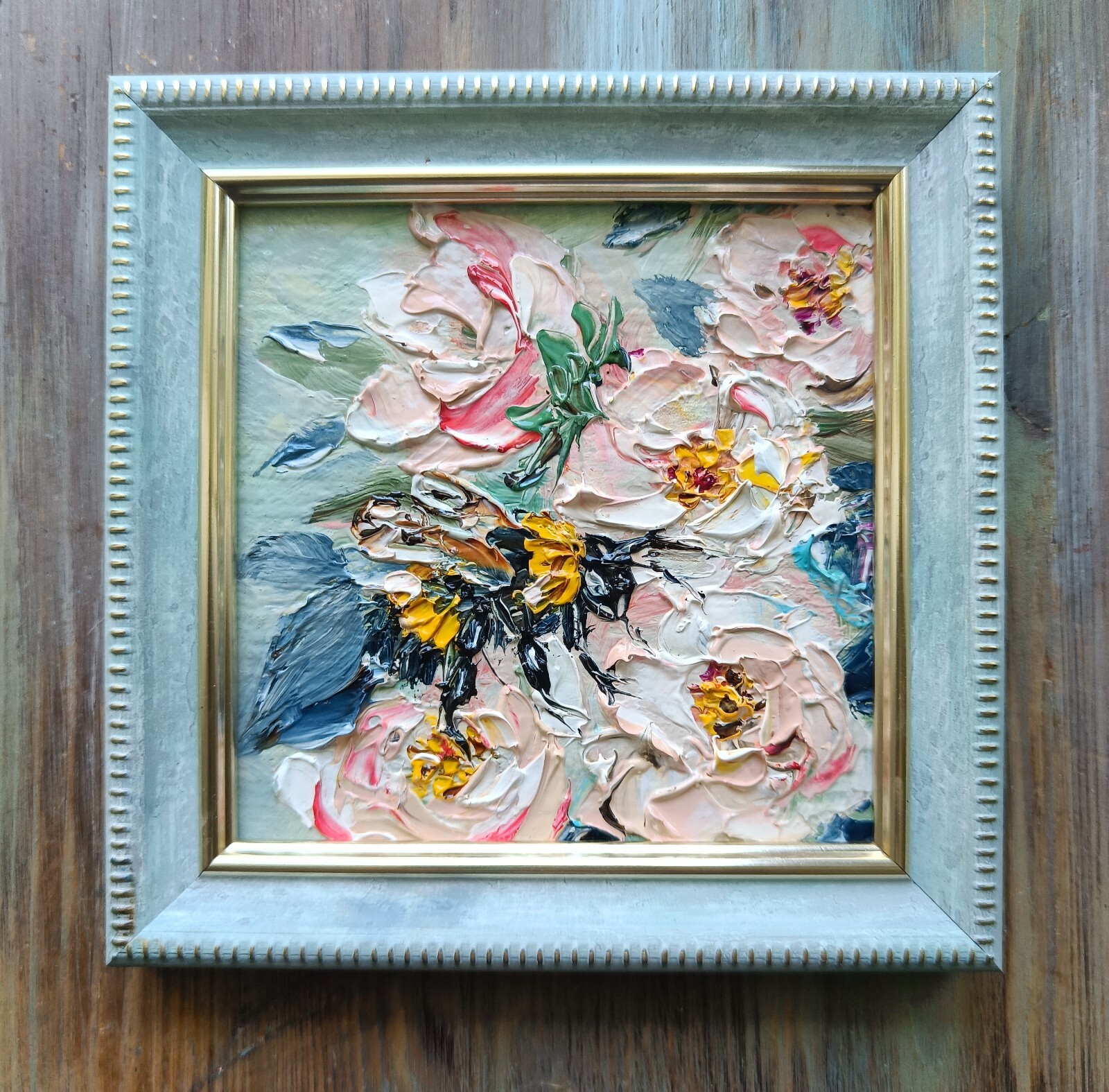Original Oil Painting Honey Bee Rose Art Miniature Framed Signed Art 4×4 in