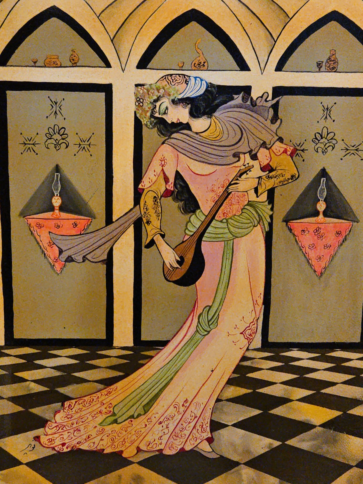 Miniature Qajar Beauty Playing Instrument – Persian Art Painting 9.5×12 Inches
