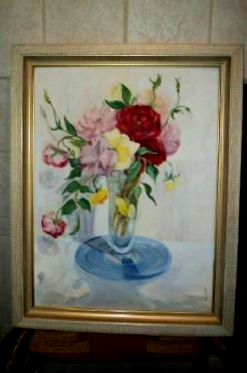 MCM ROSES FLORAL OIL PAINTING WHITE WOOD TEXTURED FRAME 1950s 1960s HWR SIGNED