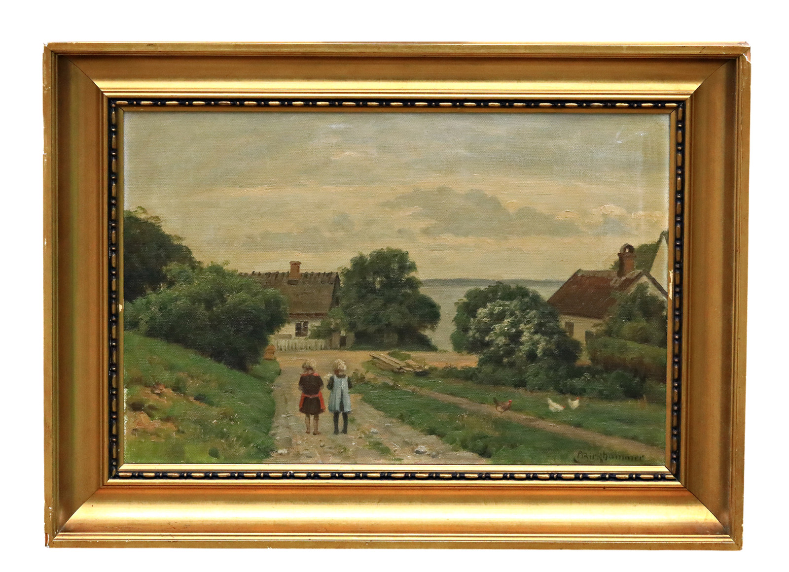 Axel Birkhammer 1874-1936 Oil Painting Village Path by the Lake Landscape Framed