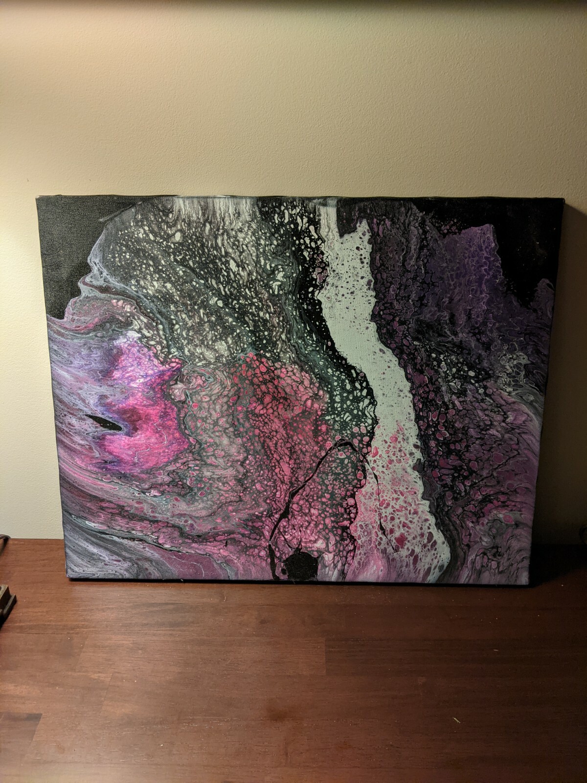 Acrylic pour on canvas 16″x20″ red purple blue green black white pink; signed