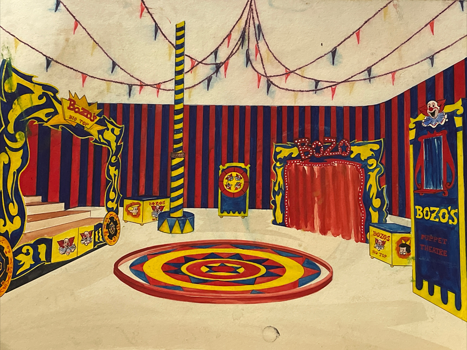 Vintage Bozo Clown Circus Show Painting Illustration Set Design Big Top Theatre