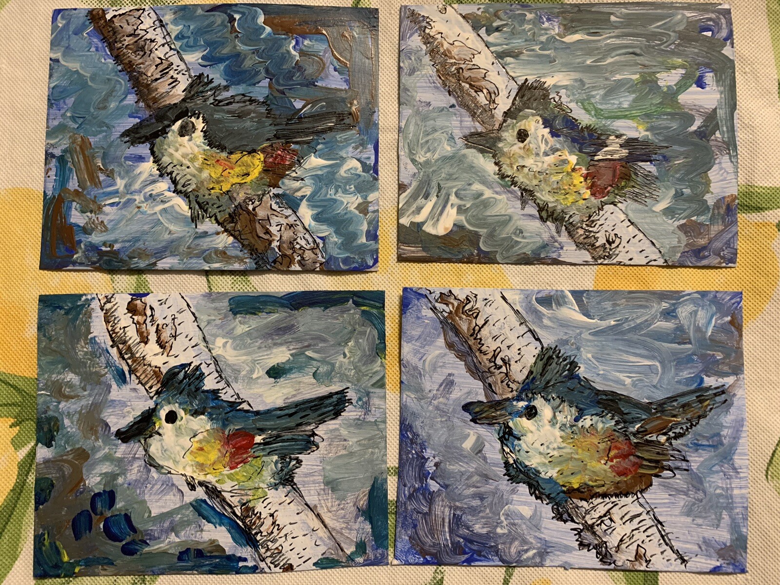 Original Artwork Blue Bird Titmouse Birds Animal ACEO Handmade Signed By Artist