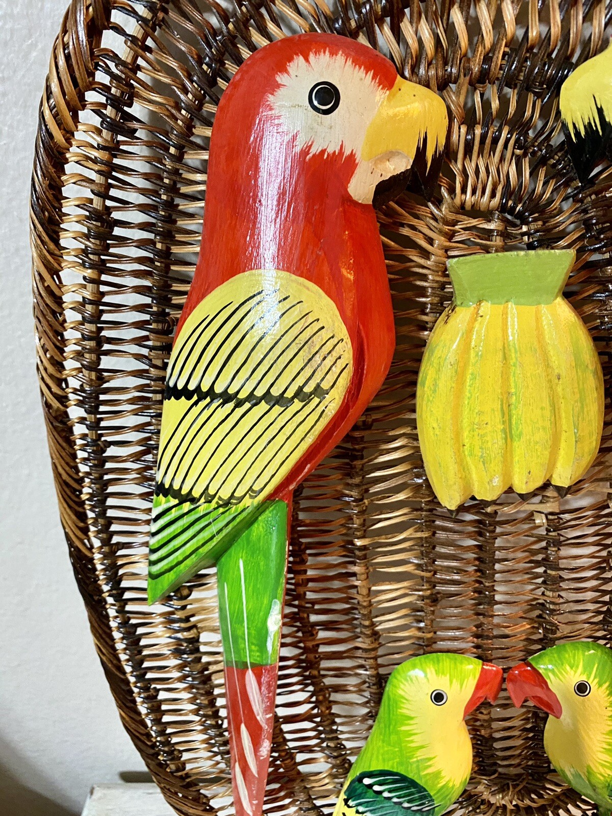 Set of 2 Vintage Wicker Wooden Hand Painted Folk Art Toucan Parrot Bird Decor
