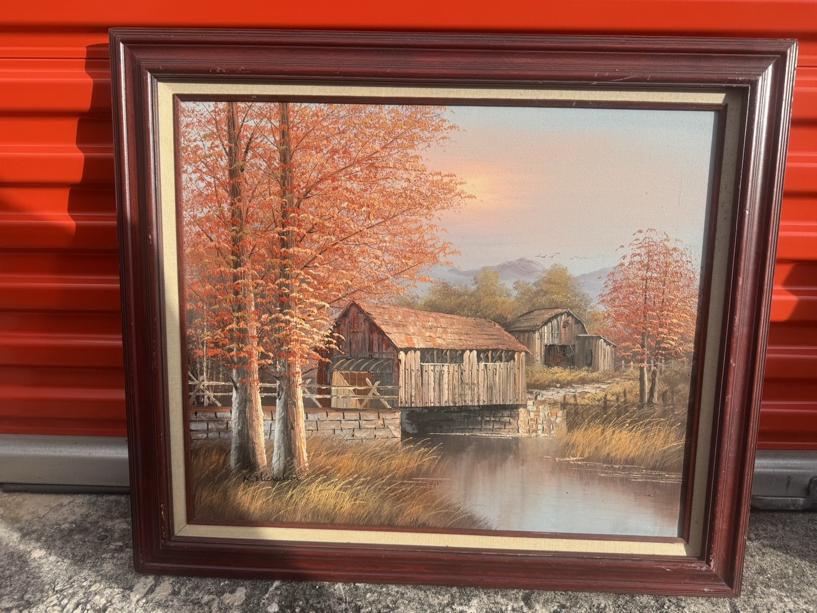 K Michaelson Fall Autumn Covered Bridge Landscape Oil Canvas Painting 25×29+» Fr