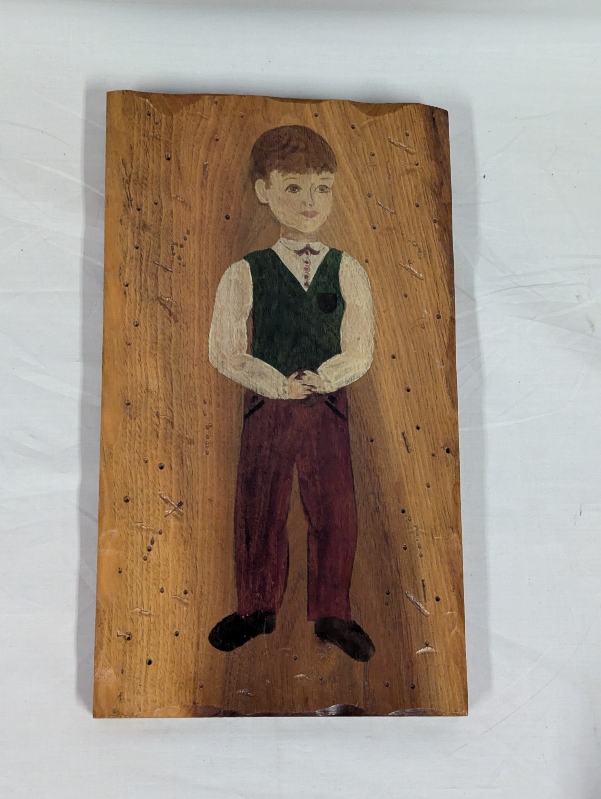 Folk Art Oil Painting on Wood Panel of a Young Boy ~ Vintage Antique ~ 11 x 6.5″