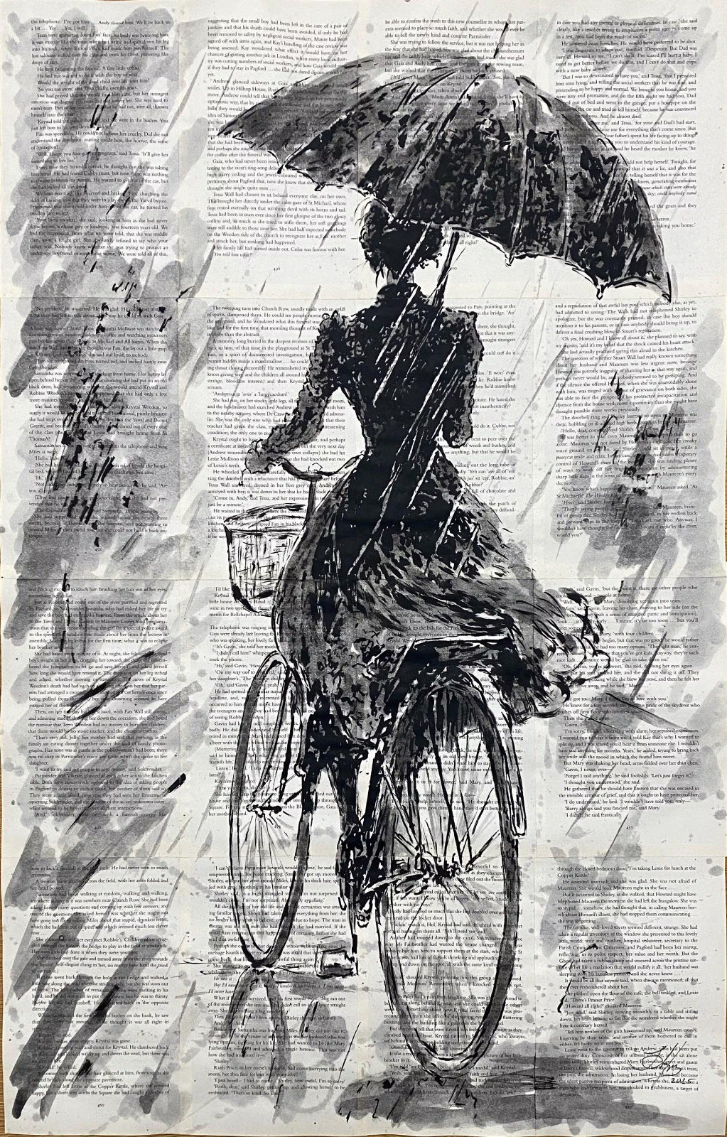 Original «In The Rain» Painting on Old Book Pages (35 1/2 x 22 1/2 inches)