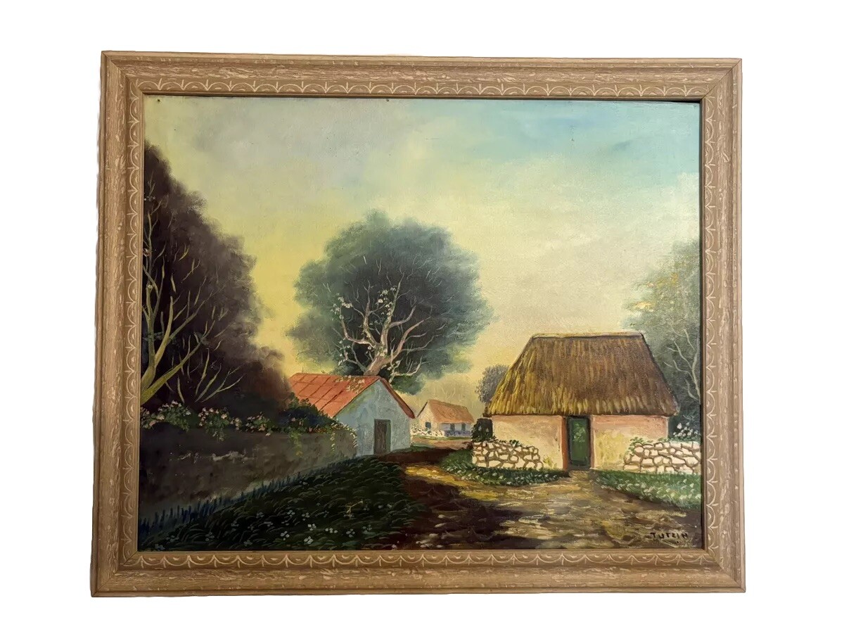 ~Charming Antique Naive (?) Oil On Canvas Painting Landscape Cottages 20 X 22