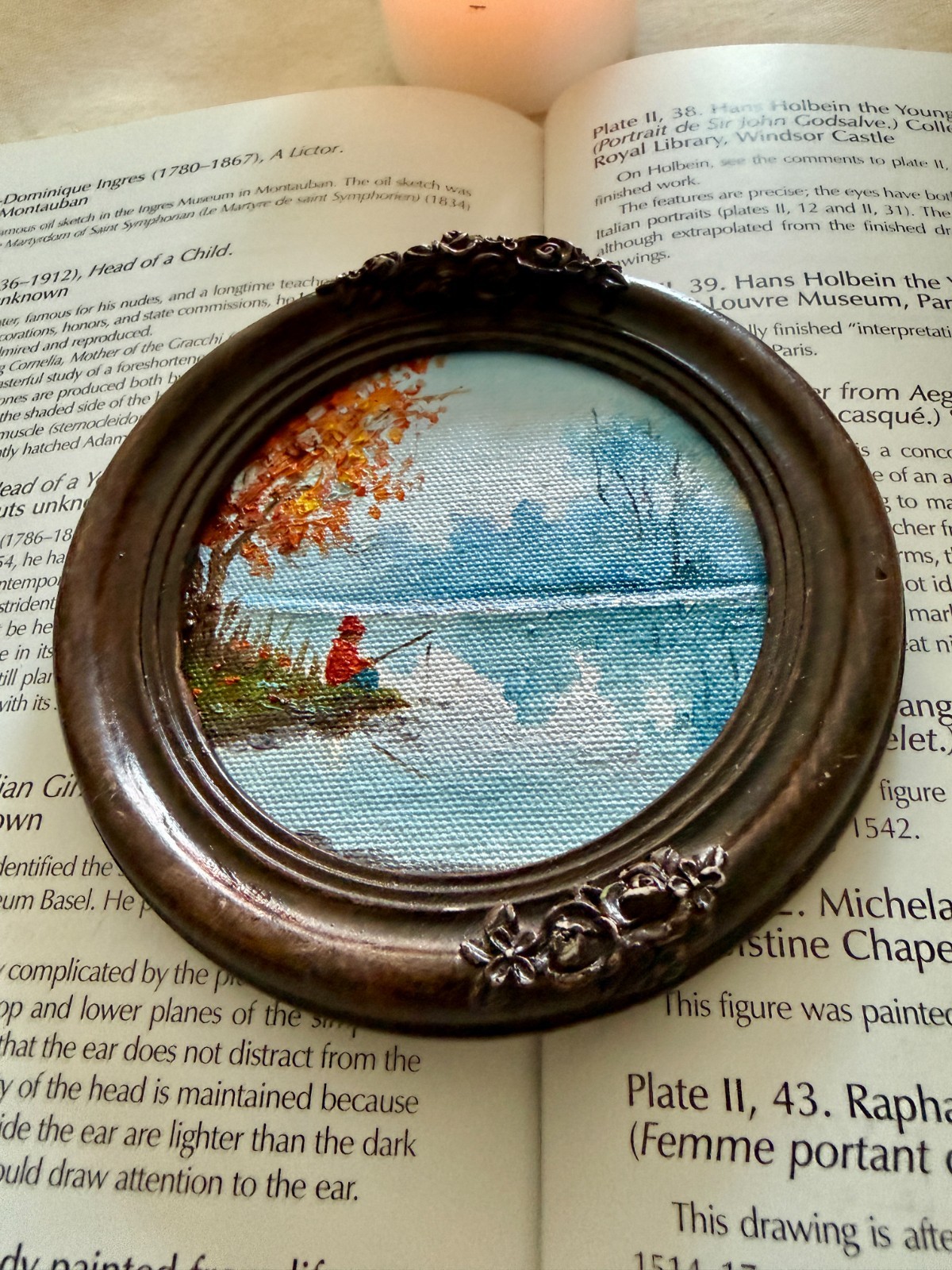 miniature oil painting, original painting ,lake landscape ,fisherman painting