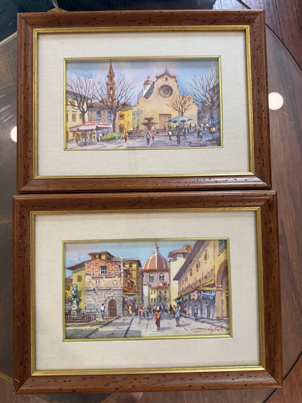 Original Giovanni Ospitali Italian Watercolor Pair Florence Framed Art 24”x21”
