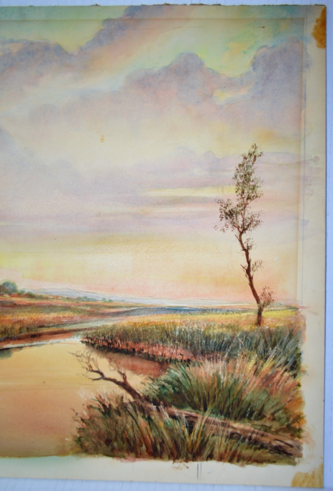 DAVID MACKOFF ANTIQUE WATERCOLOR ON CARDBOARD SIGNED DATED 1939 RIVER LANDSCAPE