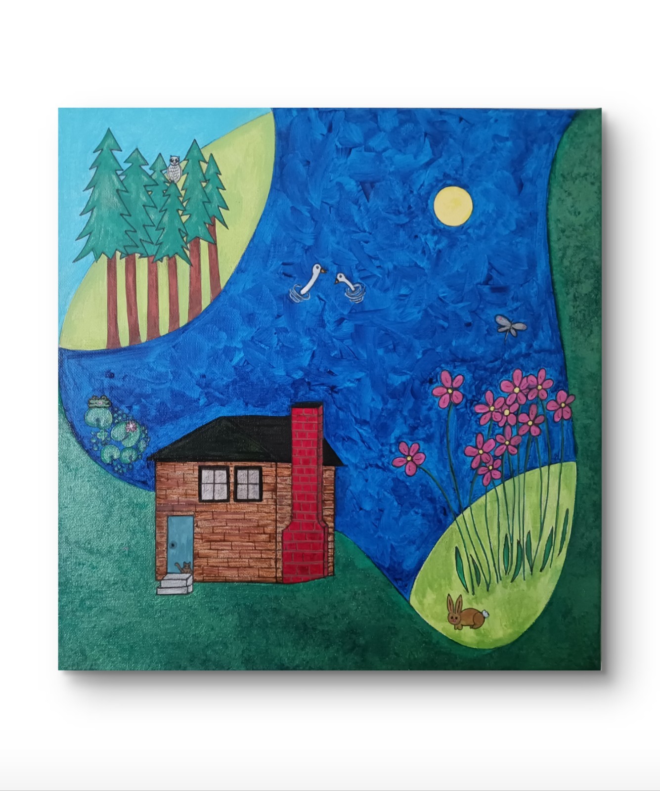Original Painting Cabin Forest Owl Frog Swans Rabbit Dragonfly by Charlene Slie