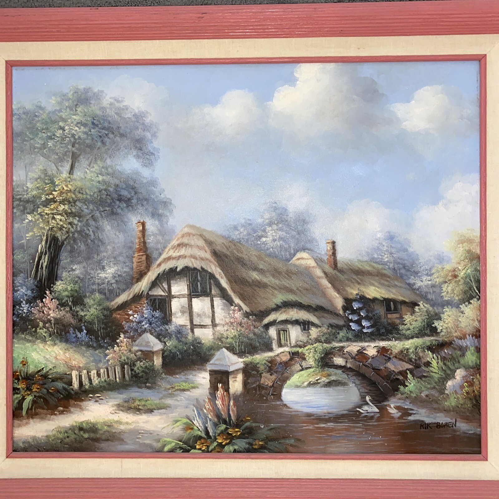 Vntg Oil Painting Cottage Scene by Rik Boren Signed Canvas Framed 29” X 25” Rare