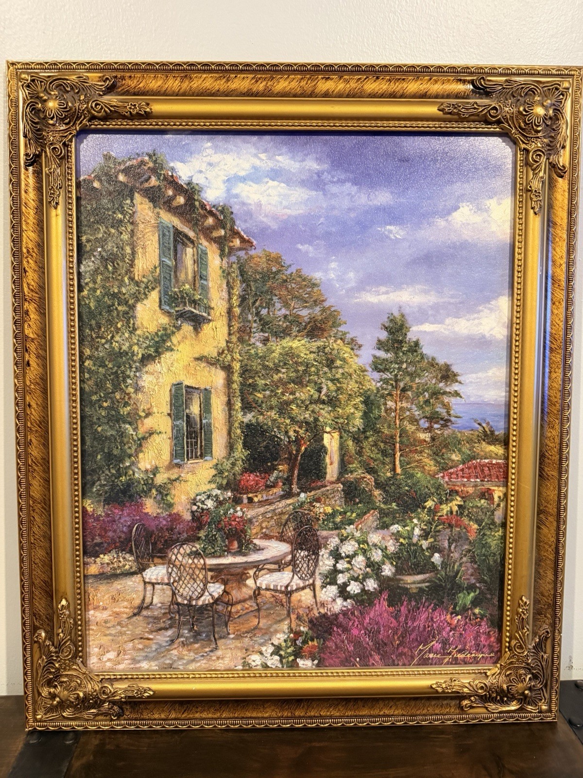 Vintage Marie Frédérique Framed European Garden Textured Print Ornate Gold Frame