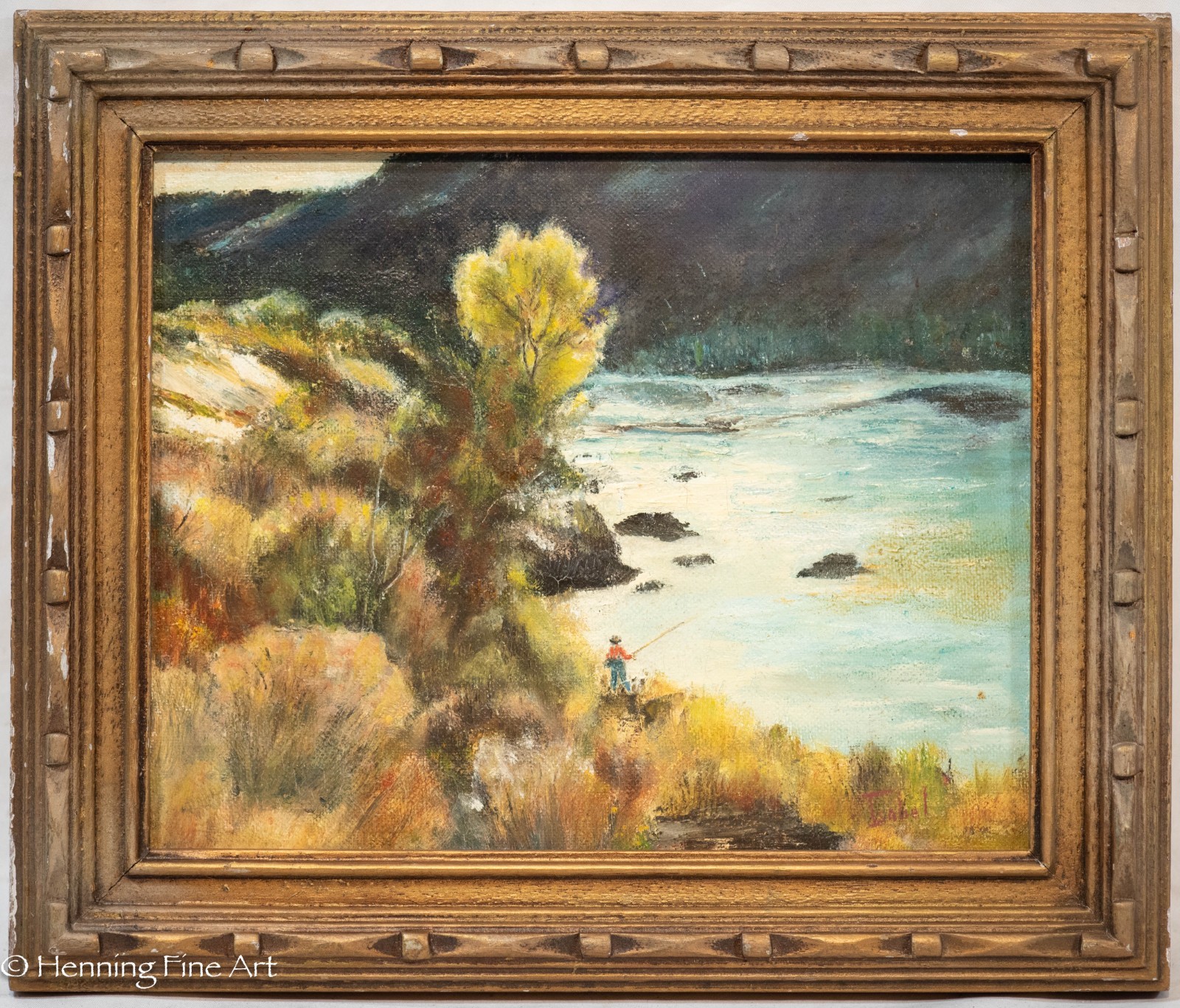 Vintage Impressionist Oil Painting Fly Fishing River Landscape Signed Isabel