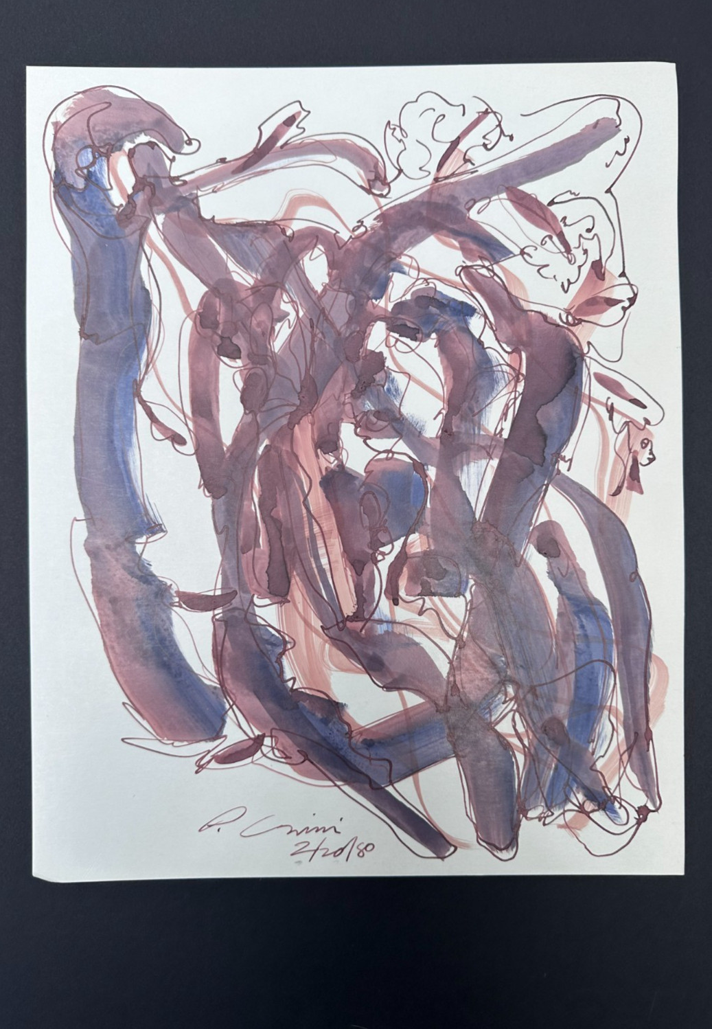 AFFORDABLE ORIGINAL ART Abstract Flow Print Blue Purple Ink Modern 15×12 Signed