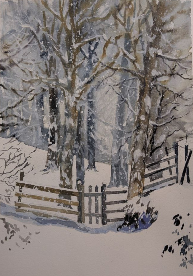 Watercolor Painting Original Winter Forest Landscape Snowy Fence and Trees Art