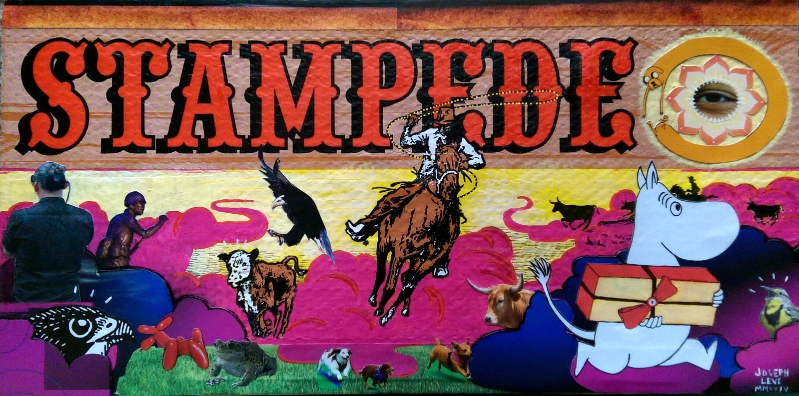 Colorful Modern Art Stampede Collage Moomin 16×8 Original Mixed Media on Canvas