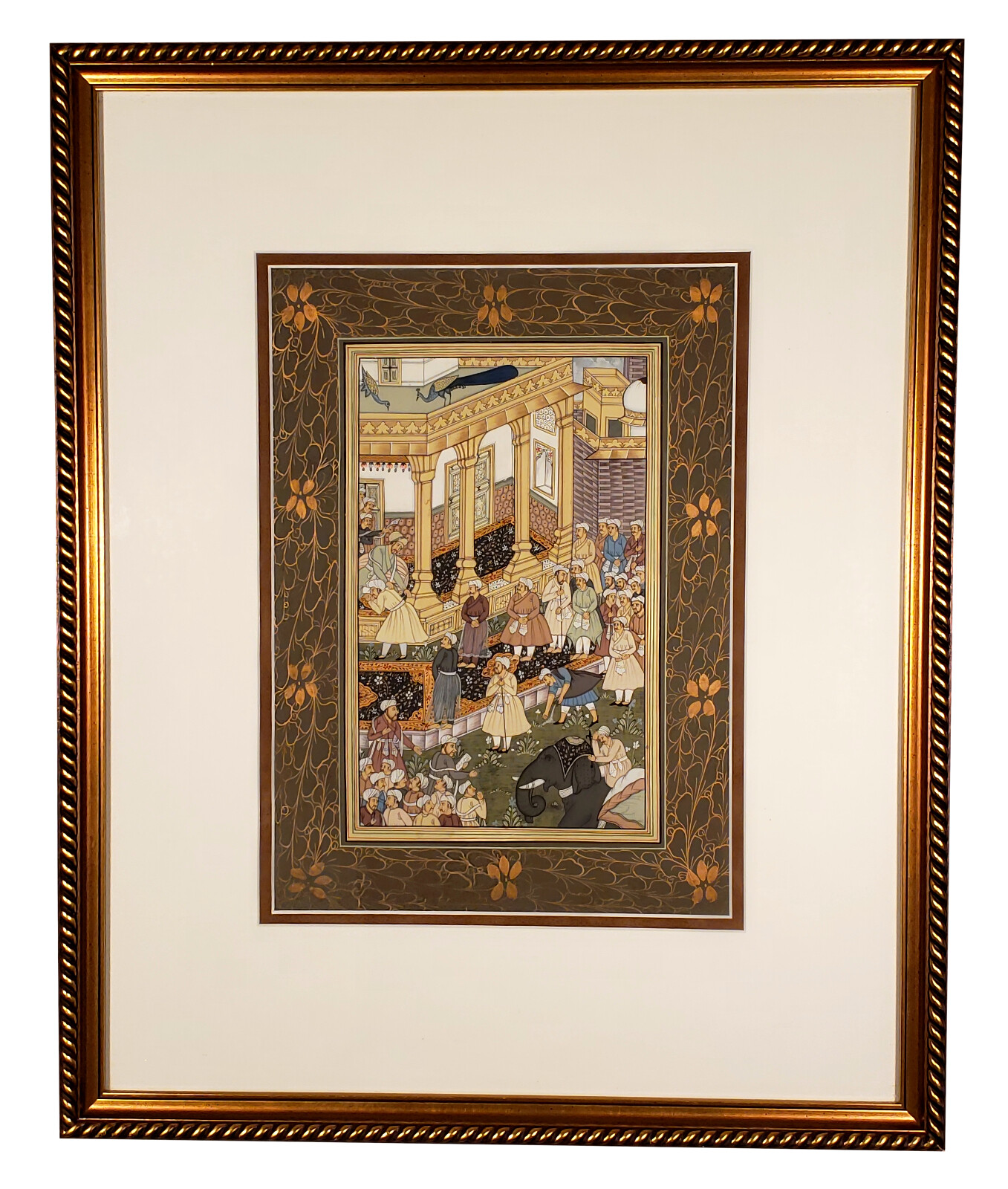 DETAILED VINTAGE INDIAN PAINTING ART MUGHAL COURT SCENE PEOPLE ELEPHANT PEACOCKS