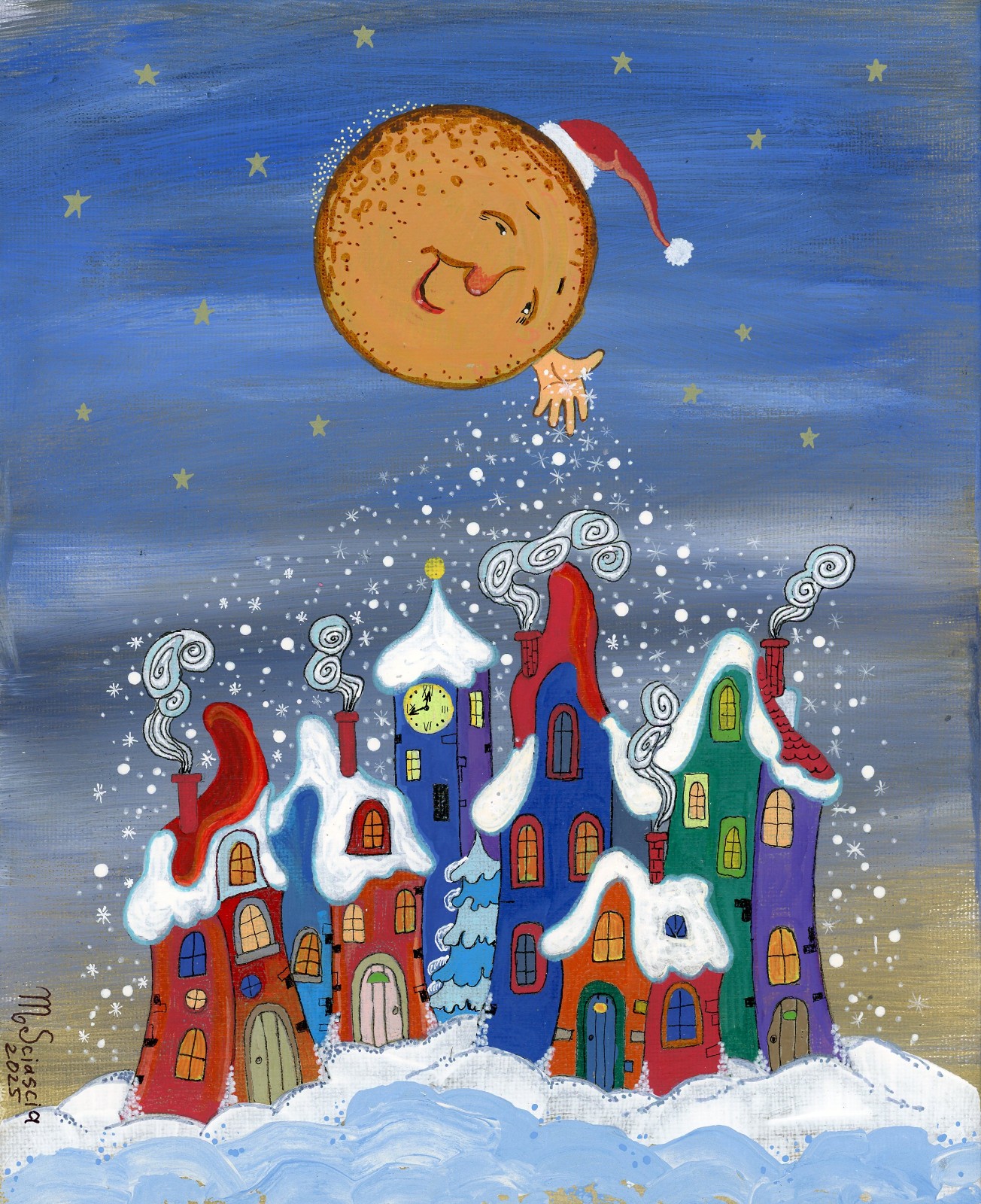 Winter Fairy – Whimsical Snowy Town with Smiling ,Moon | Original Acrylic Painti
