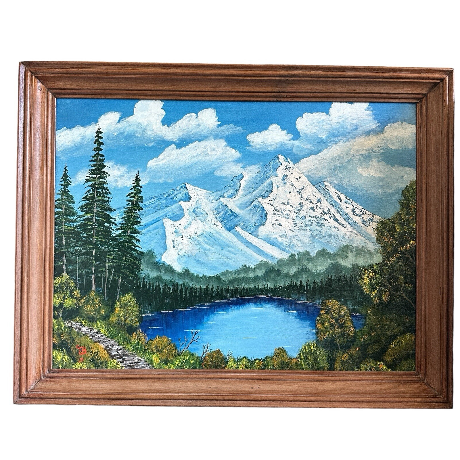 Vintage 1991 Mountain Lake Landscape Oil Painting On Canvas Signed TB 21″ x 27″