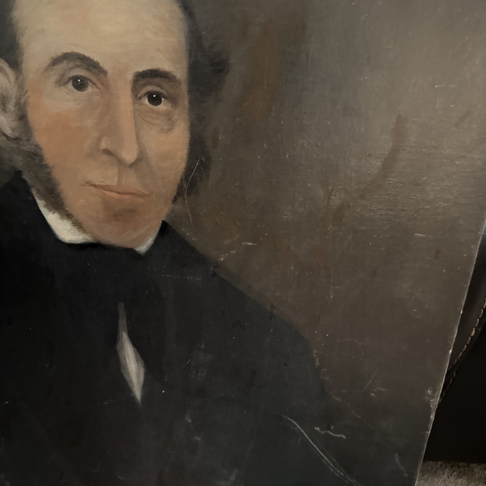 American School 19th Century Antique Oil Portrait Man In Suit Folk Art